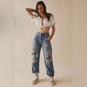 Free People Blue Distressed Wide Leg Jeans